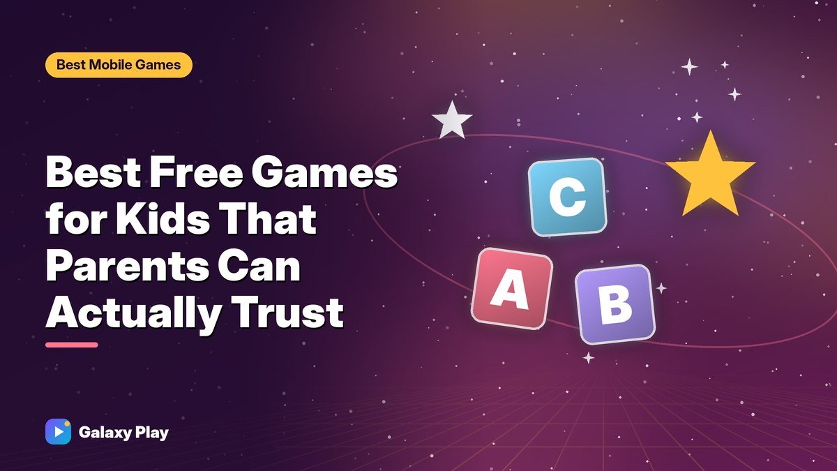 Friendly cartoon shapes, letters, and stars bouncing out of a tablet screen