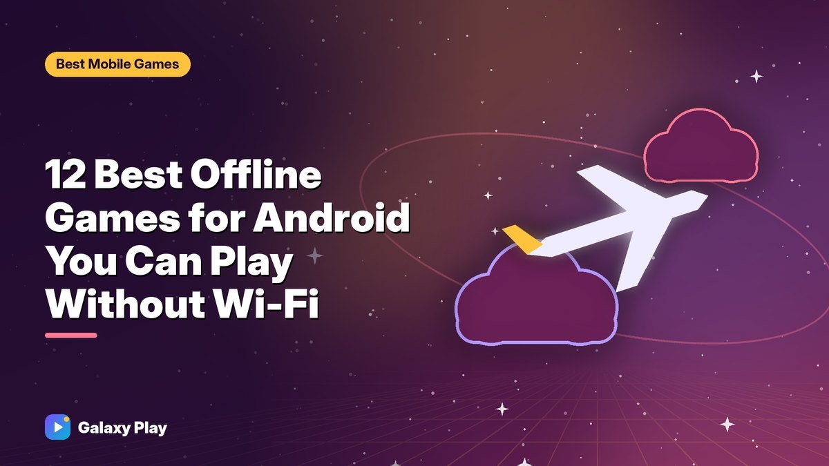 Phone in airplane mode surrounded by colorful game worlds floating in the clouds