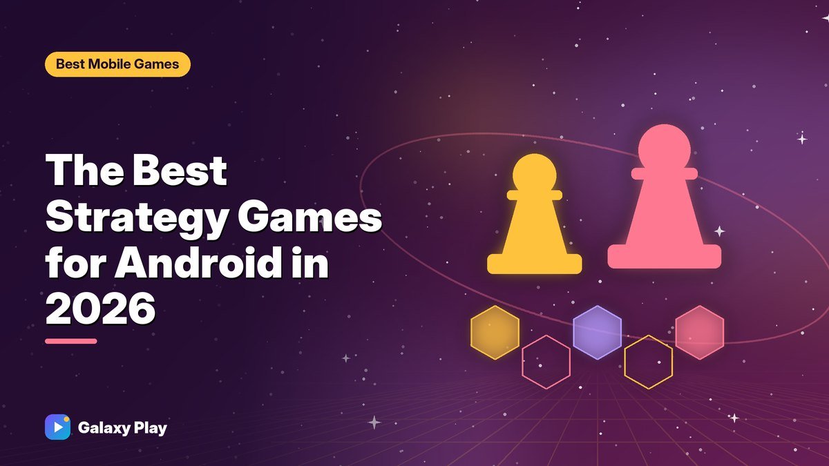 Glowing chess pieces and a hexagon strategy map rising from a phone