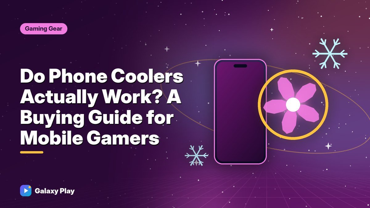 Clip-on phone cooler with a glowing fan and frost crystals cooling a phone