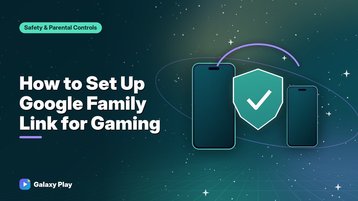 Parent and child phone icons linked by a protective glowing shield