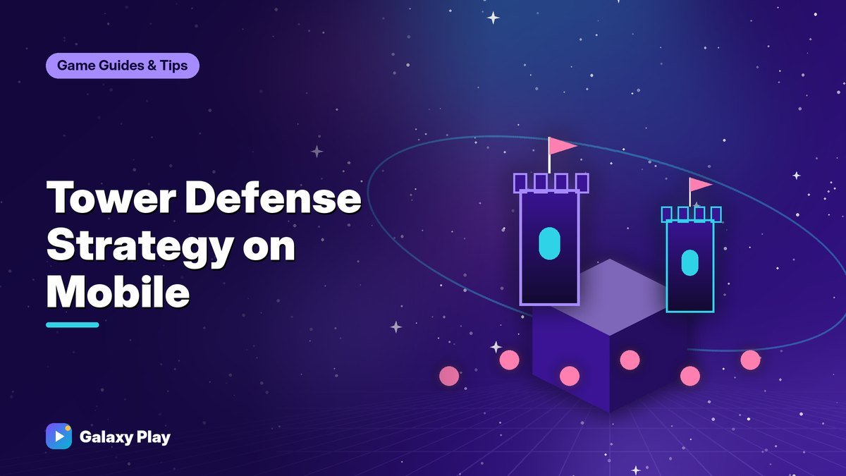 Isometric fantasy towers defending a glowing winding path on a phone screen